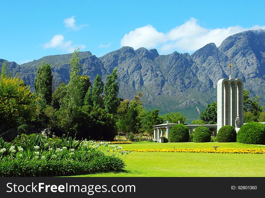 Gardens and the Huguenot Monument in Franschhoek, Western Cape, South Africa.