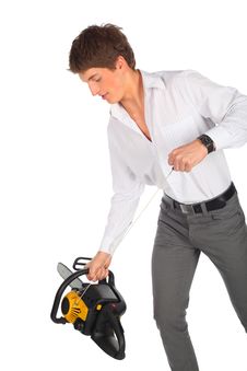 Young Man Starts Chainsaw Stock Photos