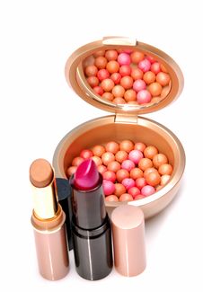 Blush Balls And Lipsticks Royalty Free Stock Photos Blush Balls And Lipsticks Royalty Free Stock Photos