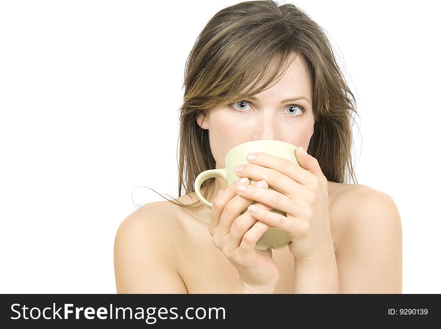 Young attractive  woman drinking tea isolated on white background