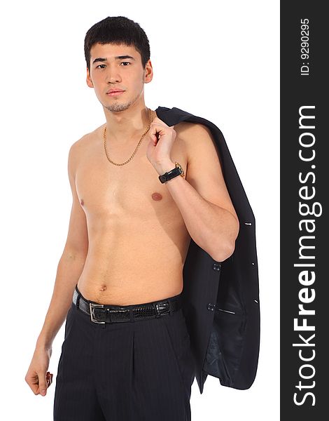 Young topless asian man with coat on shoulder on white