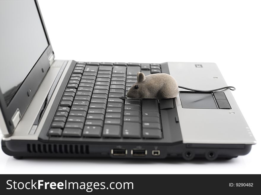 Laptop with toy mouse sitting on the keyboard