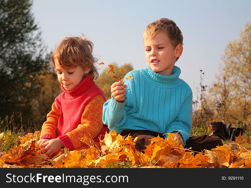 Two children sit on fallen maple leaves