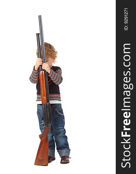 Little boy with gun on white