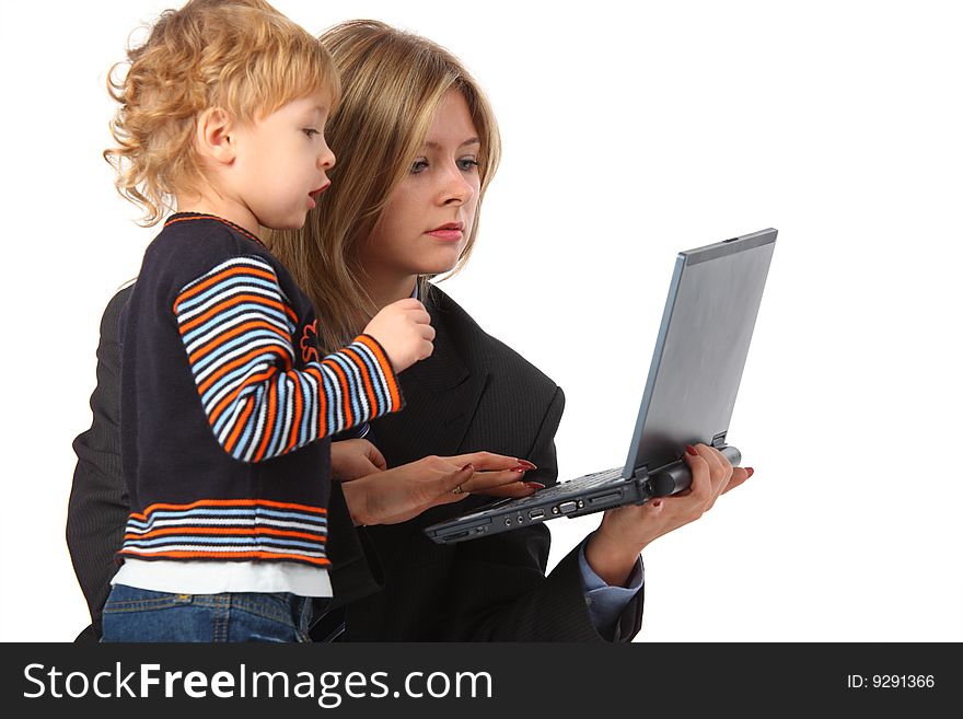 Mother and son with laptop on white