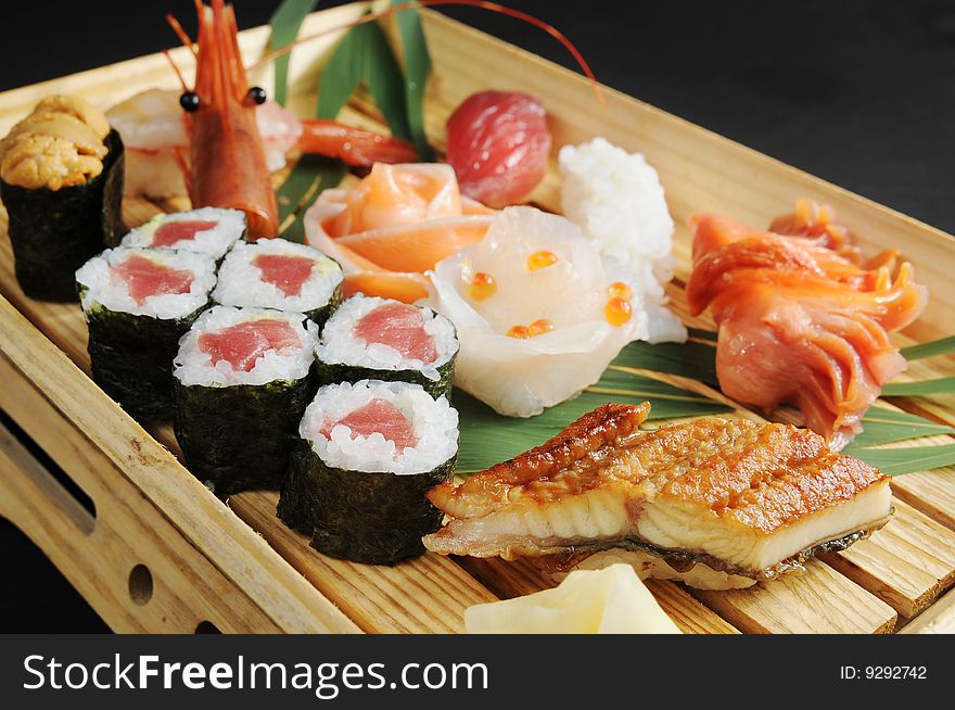 Japanese sashimi on a wooden dish