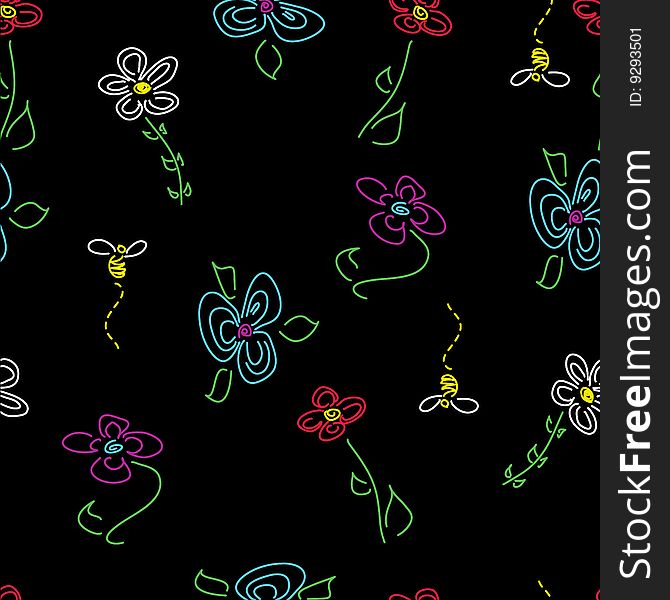 Hand-drawn seamless flower pattern on black, tiles seamlessly.