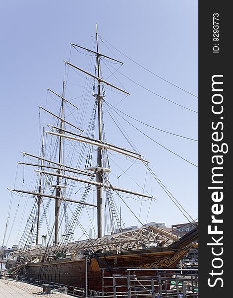 An old sailing ship Estrella is under renovation.