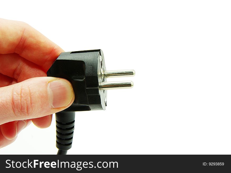 Hand with plug over white background