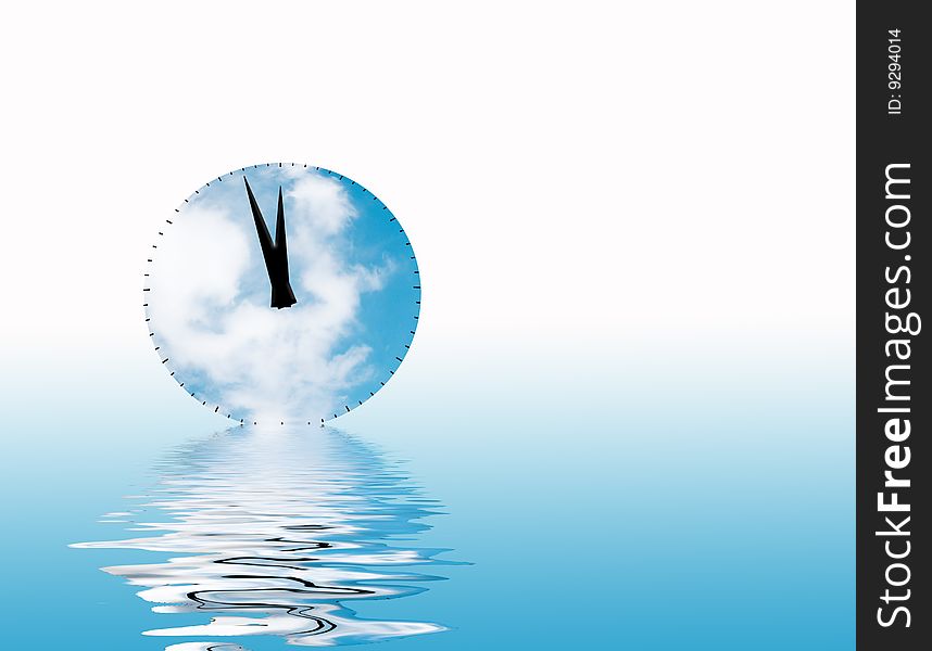 Time illustration showing clock face with clouds and water reflection. Time illustration showing clock face with clouds and water reflection