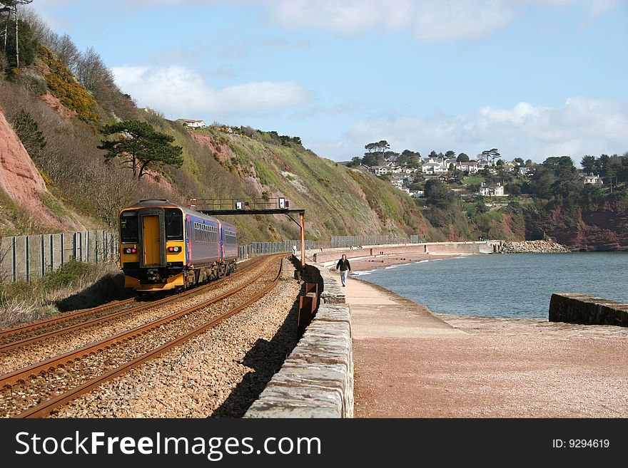 Train on coastal railway track