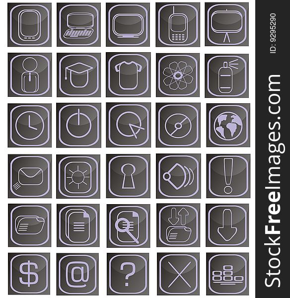Vector square purple and black icon set, isolated on white