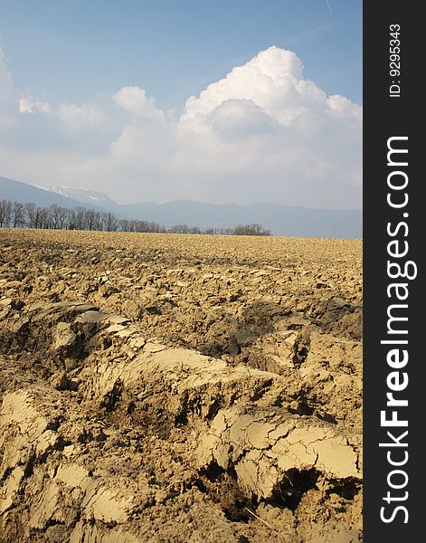 Field tillage diminishing to horizon, with farm houses. Field tillage diminishing to horizon, with farm houses.