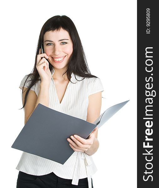 Young business woman with mobile phone. Isolated on white background