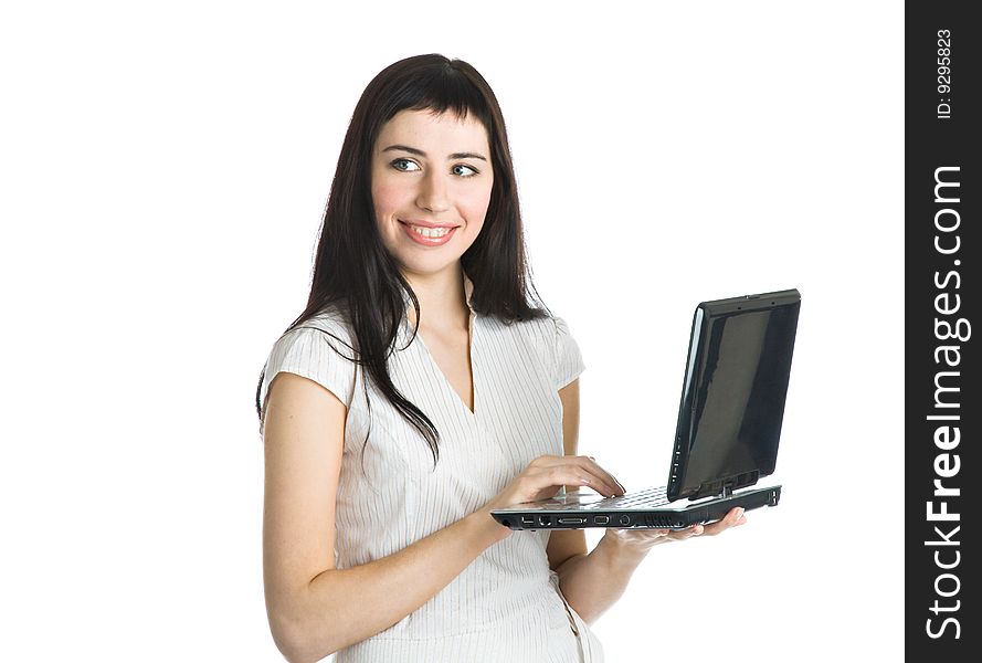 Young woman with laptop. Isolated on white background