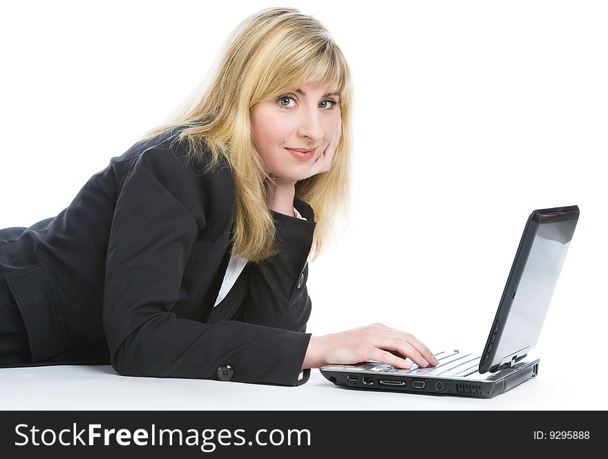 Young woman with laptop. Isolated on white background