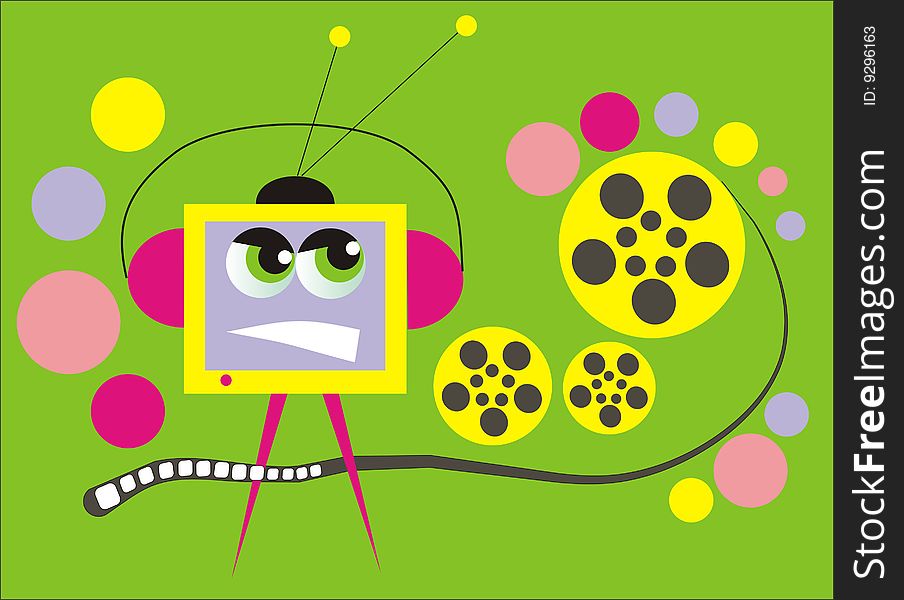Angry tv set over green background with colourful circles,  illustration