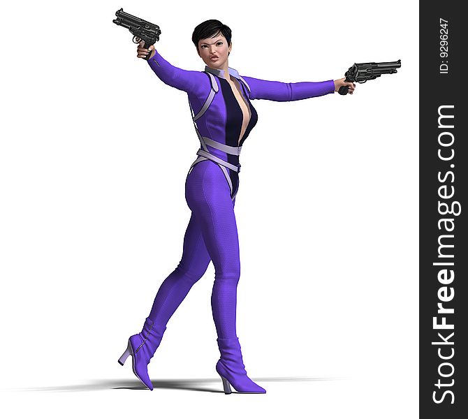 Rendering of Female Action Agent with guns contains Clipping Path. Rendering of Female Action Agent with guns contains Clipping Path