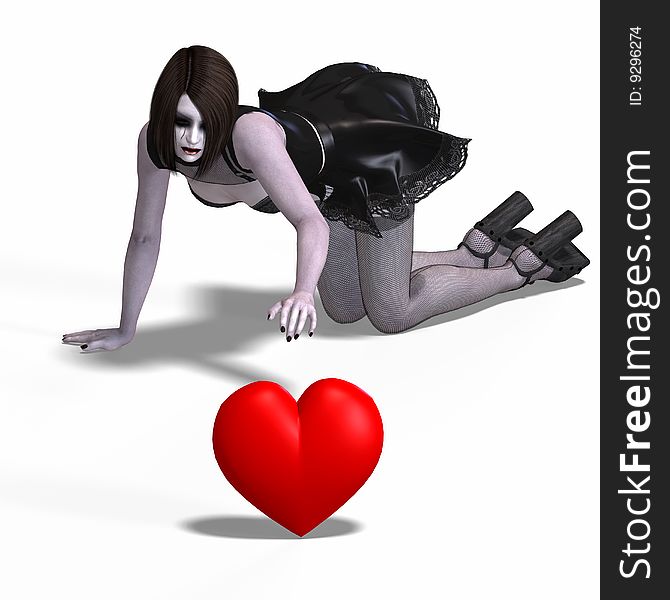 Gothic lady with red heart and Clipping Path over white. Gothic lady with red heart and Clipping Path over white