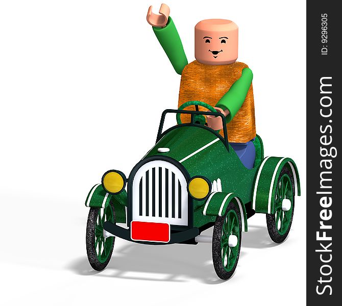 Avatar Toy Boy drives car. With Clipping Path over white