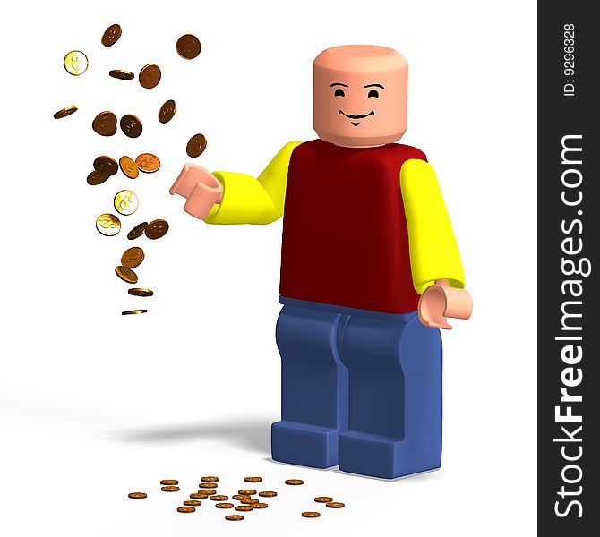 Avatar Toy Boy throws with coins. With Clipping Path over white. Avatar Toy Boy throws with coins. With Clipping Path over white