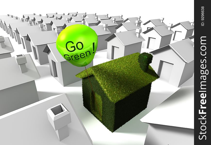 Model and render in 3d application, green house with ballon. Model and render in 3d application, green house with ballon