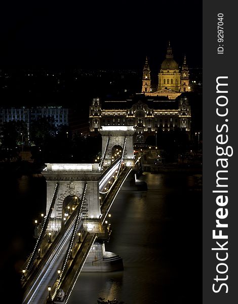 Szechenyi Chain Bridge in Budapest - night view. Szechenyi Chain Bridge in Budapest - night view