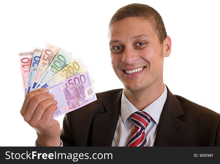 Businessman holds euro banknotes in his hand and smiles. Businessman holds euro banknotes in his hand and smiles