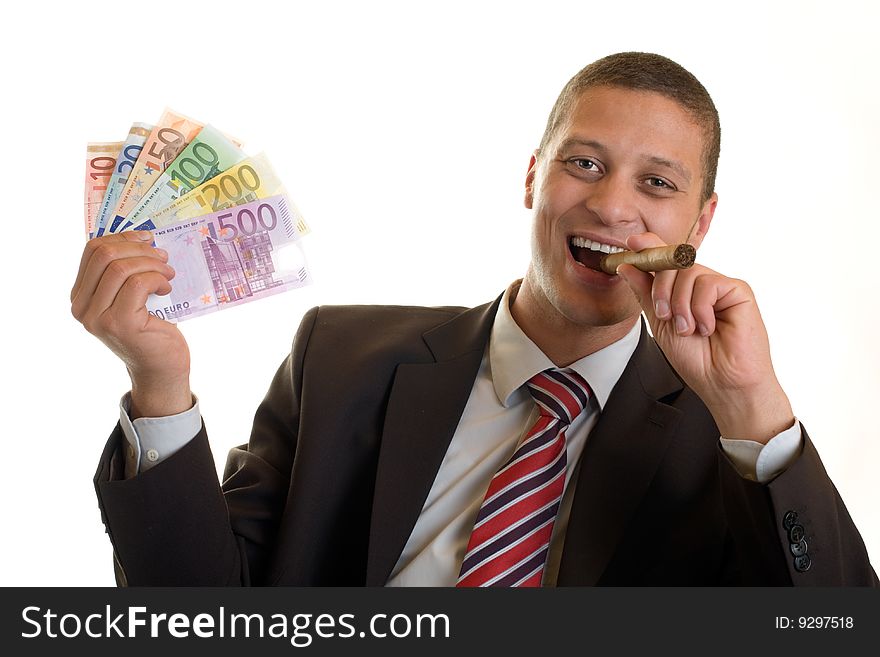Businessman holding cigar and euro banknotes in hands. Businessman holding cigar and euro banknotes in hands