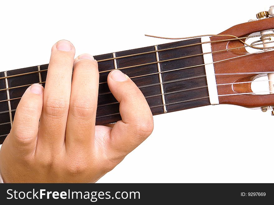 Hand playing Guitar on white background. Music image