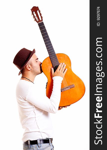 Man with guitar on white background. Isolated image