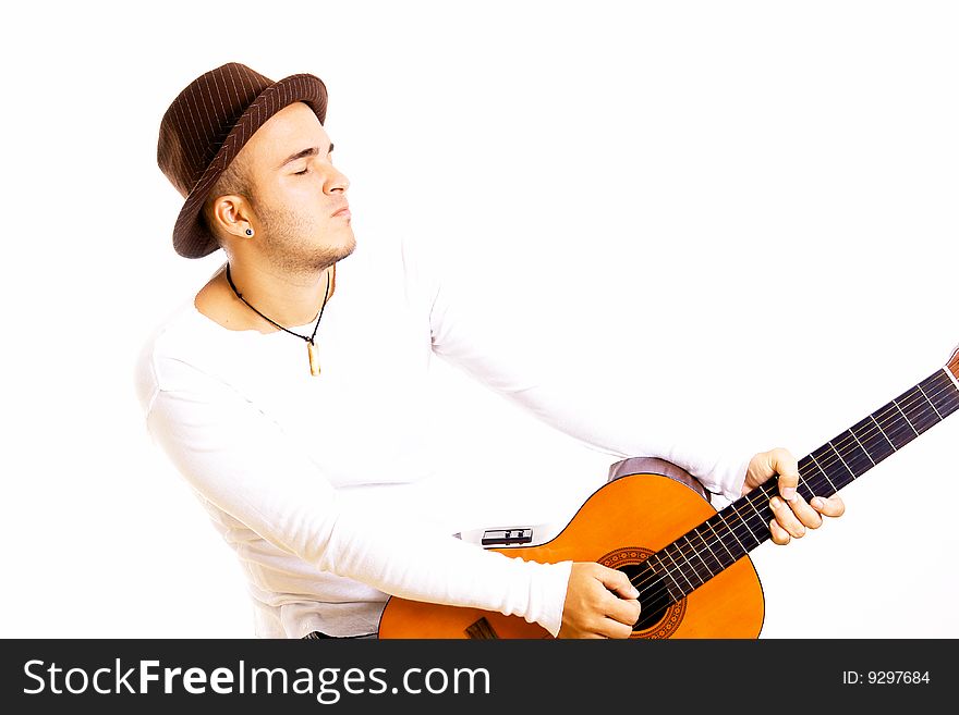 Artist with hat and guitar on white background. Artist with hat and guitar on white background