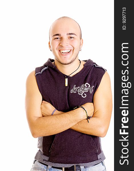 Young man looking at camera on white background