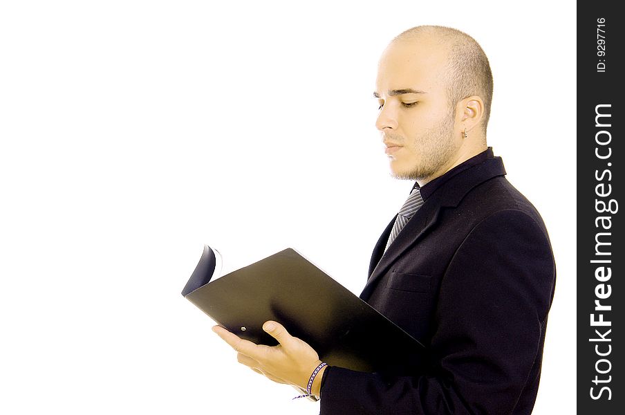 Business man reading document on white background. Business man reading document on white background