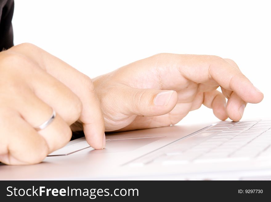 Hands on keyboard on white background. Isolated image