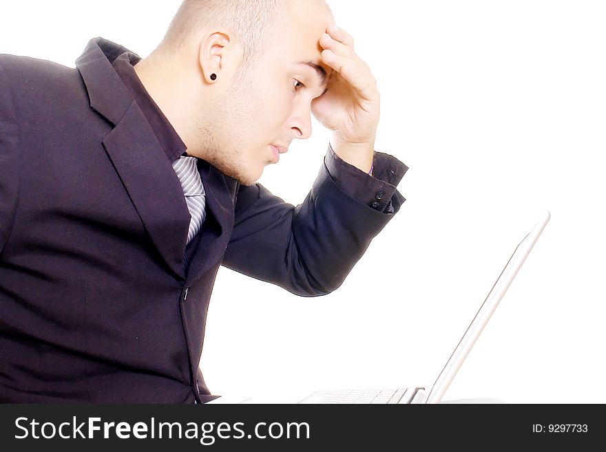 Man with hands on head on white background. Man with hands on head on white background