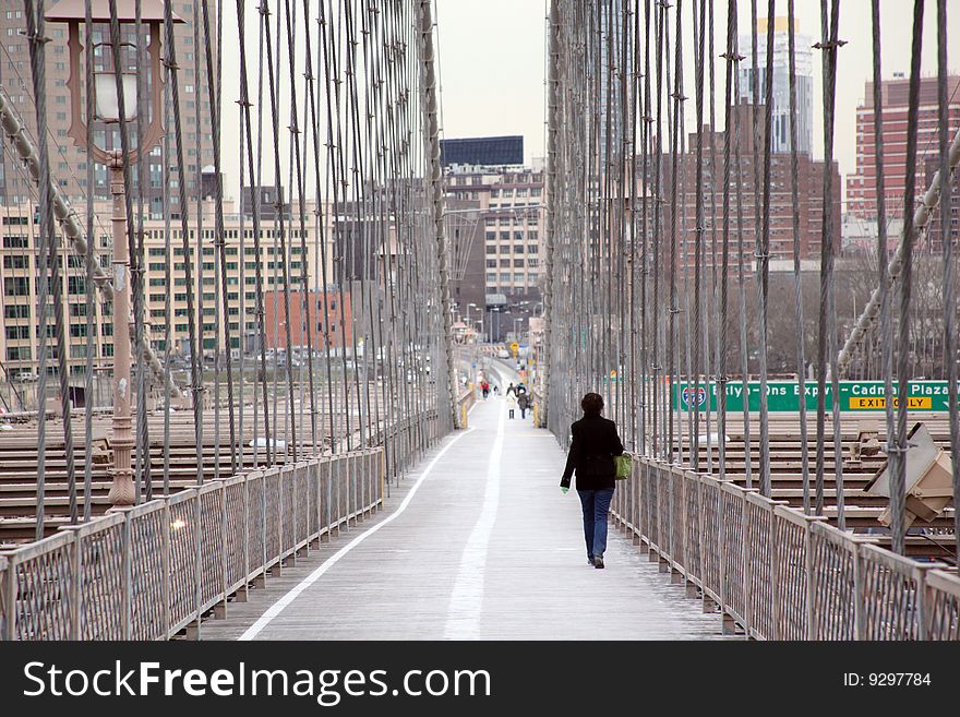 Walk way on brooklyn bridge with pedestrian