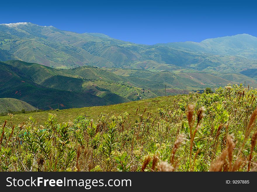 Landscape with sky and mountains. Rural scene