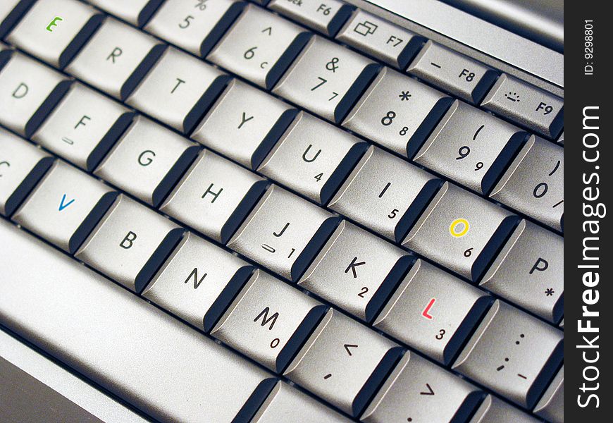 Laptop keyboard at close-up,with four different color on letters. Laptop keyboard at close-up,with four different color on letters.