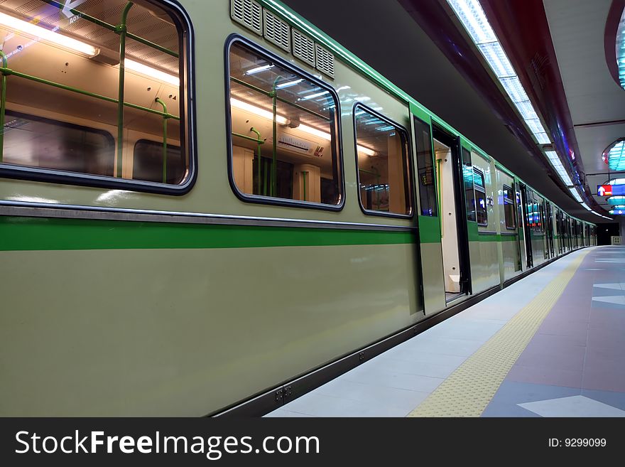 Train stopped in subway station