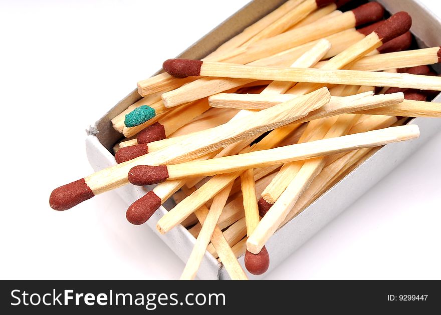 Matchsticks in box isolated on white.