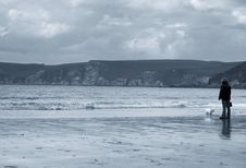 Lady Walking Her Dog On The Beach. Royalty Free Stock Image