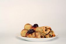 Rolled Pancakes With Strawberry Jam Stock Photos