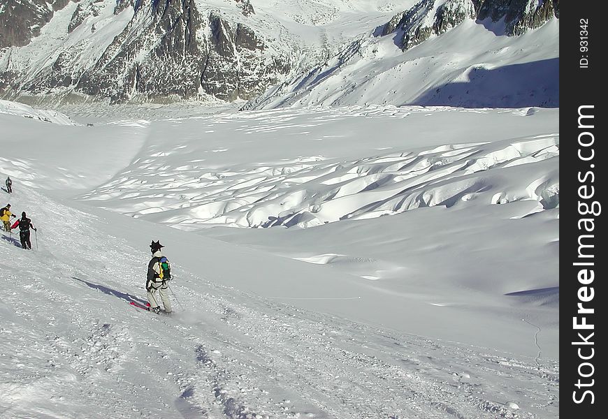 Skiers on the Vallee Blanche. Skiers on the Vallee Blanche