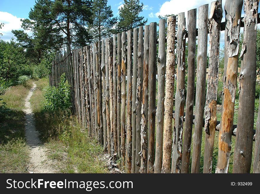 Pinewood fence along the path