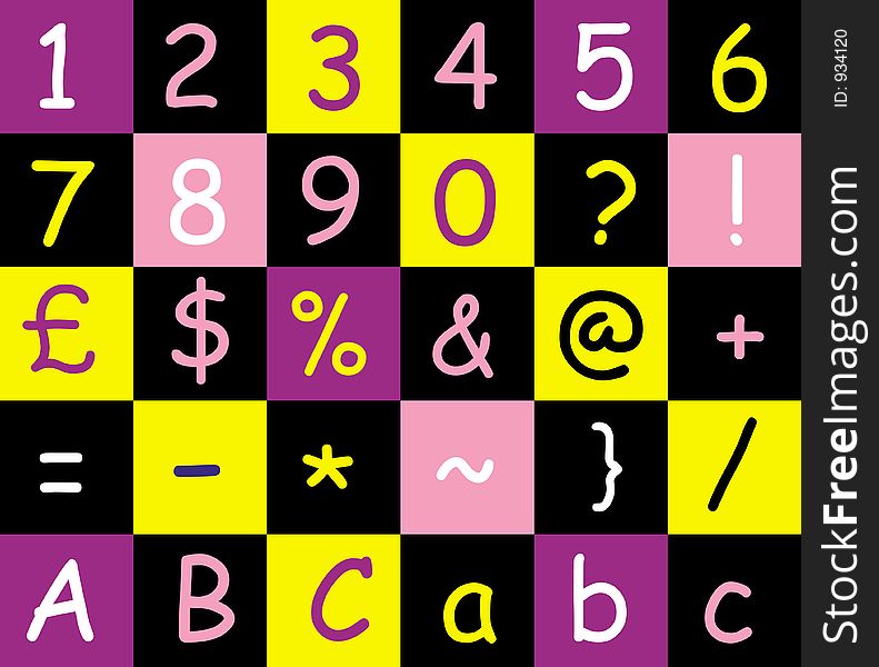A grid of numbers and letters shown iun black, purple and yellow squares. A grid of numbers and letters shown iun black, purple and yellow squares