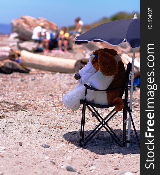 Woof (my granddaughter's  large stuffed dog) is enjoying himself at the at the beach on a warm summer's day. Woof (my granddaughter's  large stuffed dog) is enjoying himself at the at the beach on a warm summer's day.