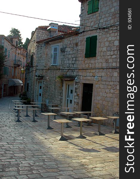 Cafe on cobble stone street hvar croatia. Cafe on cobble stone street hvar croatia