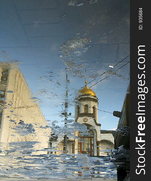 Reflection of a temple in spring pools