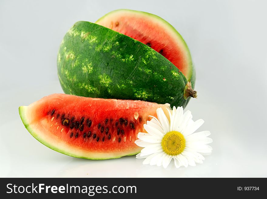 Watermelon with daisy flower isolated on white background landscape orientation. Watermelon with daisy flower isolated on white background landscape orientation